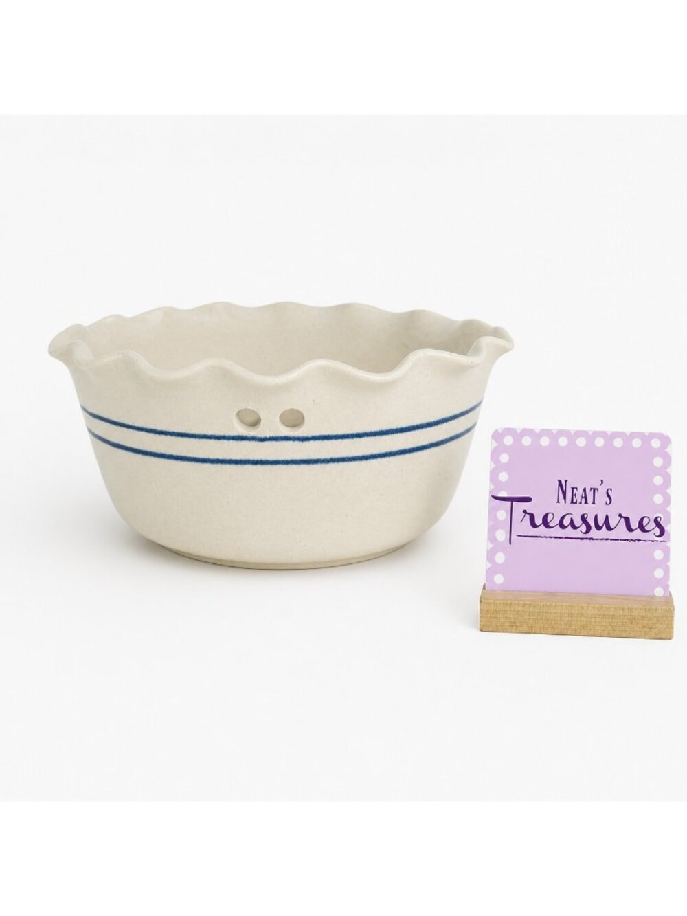 Clay Pen Pottery Beige Blue Pen Stripe Hand Crafted Creamic Bread Warming Bowl